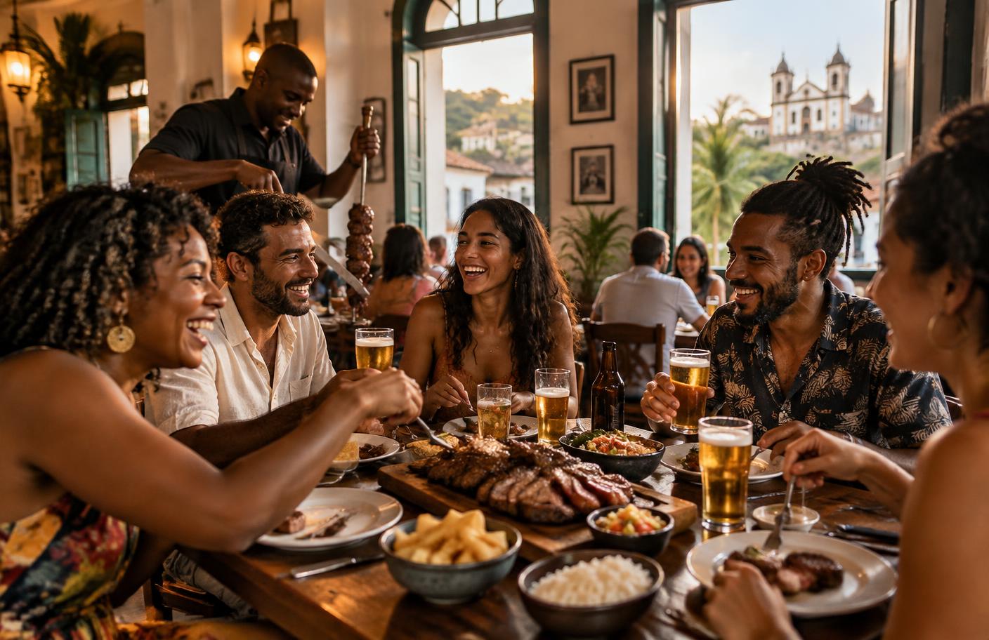 Amigos reunidos ao redor de uma mesa cheia